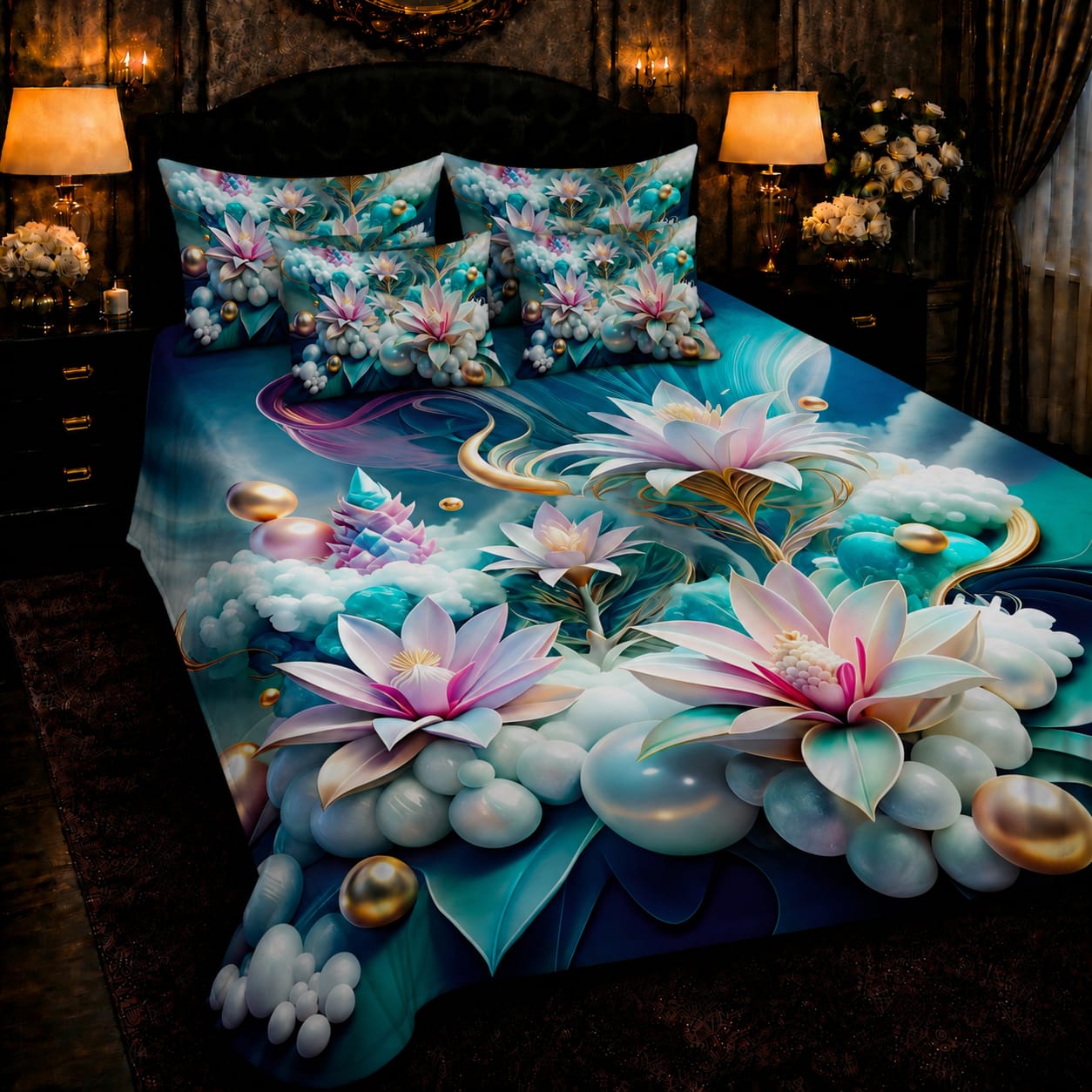 Blue Palm Multi Bedior 7D Print Cotton Bedsheet