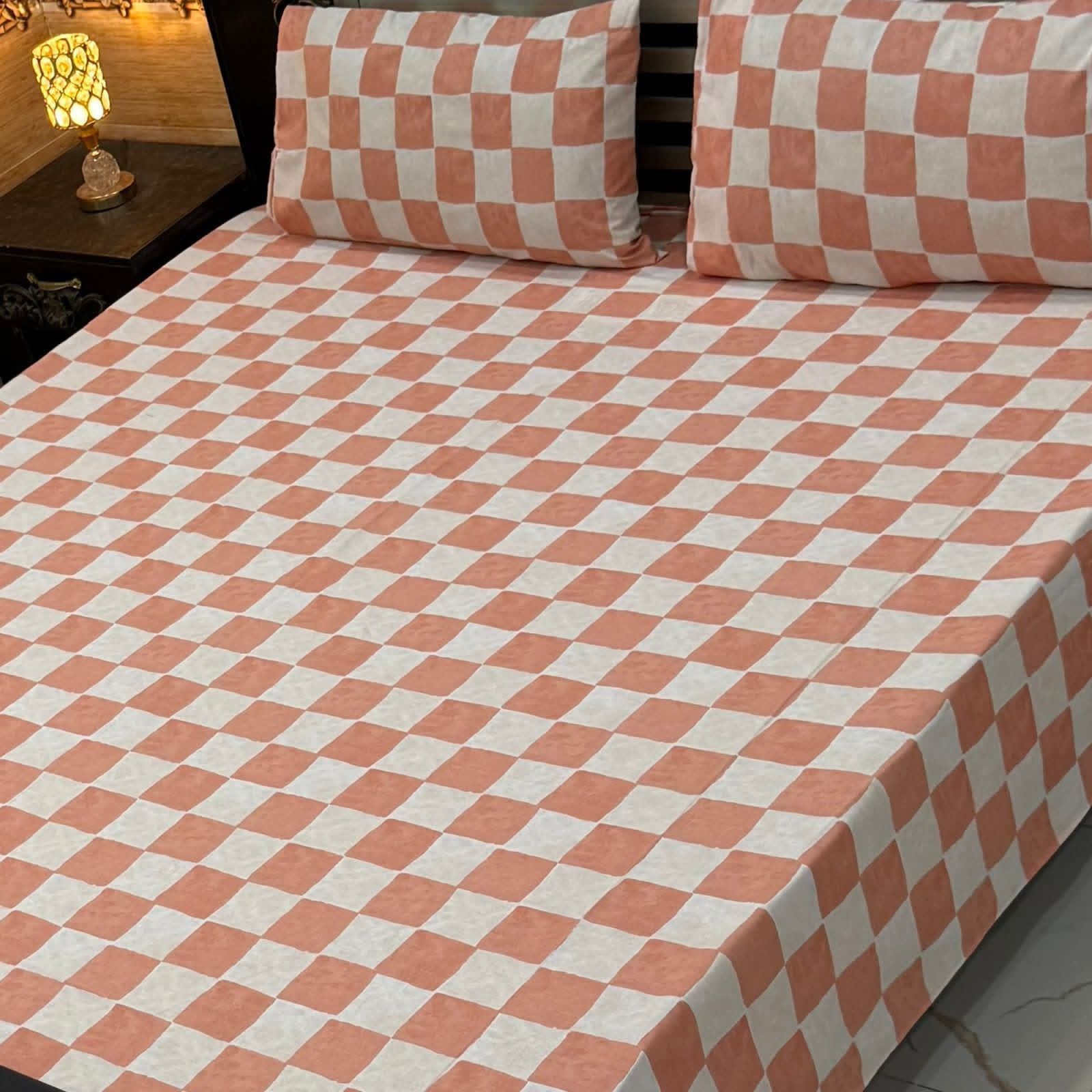 Elegant Peach & White Checkered Pure Cotton Bedsheet Set