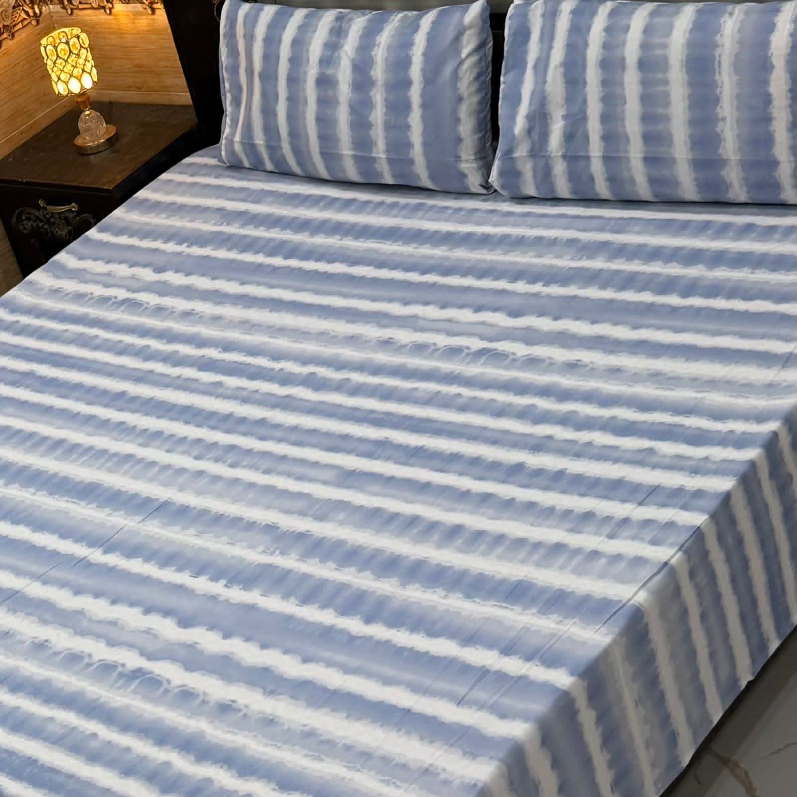 Premium Sky Blue Striped Pure Cotton Bedsheet Set