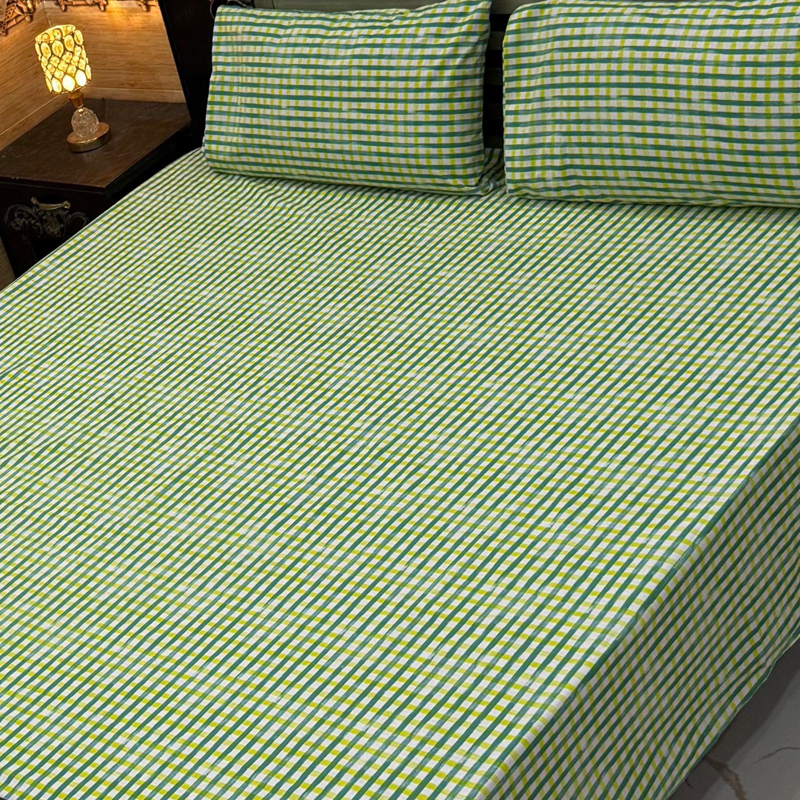 Fresh Lime Green Checkered Pure Cotton Bedsheet Set