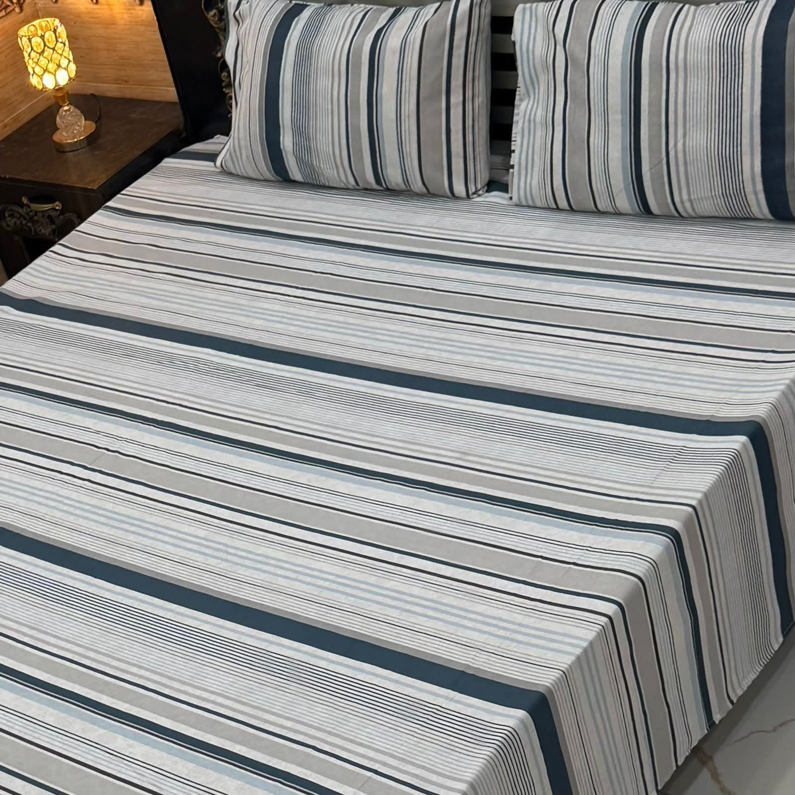 Modern Grey & Navy Striped Pure Cotton Bedsheet Set