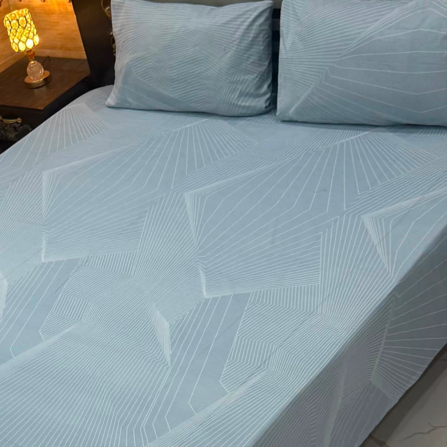 Modern Ice Blue Geometric Pure Cotton Bedsheet Set