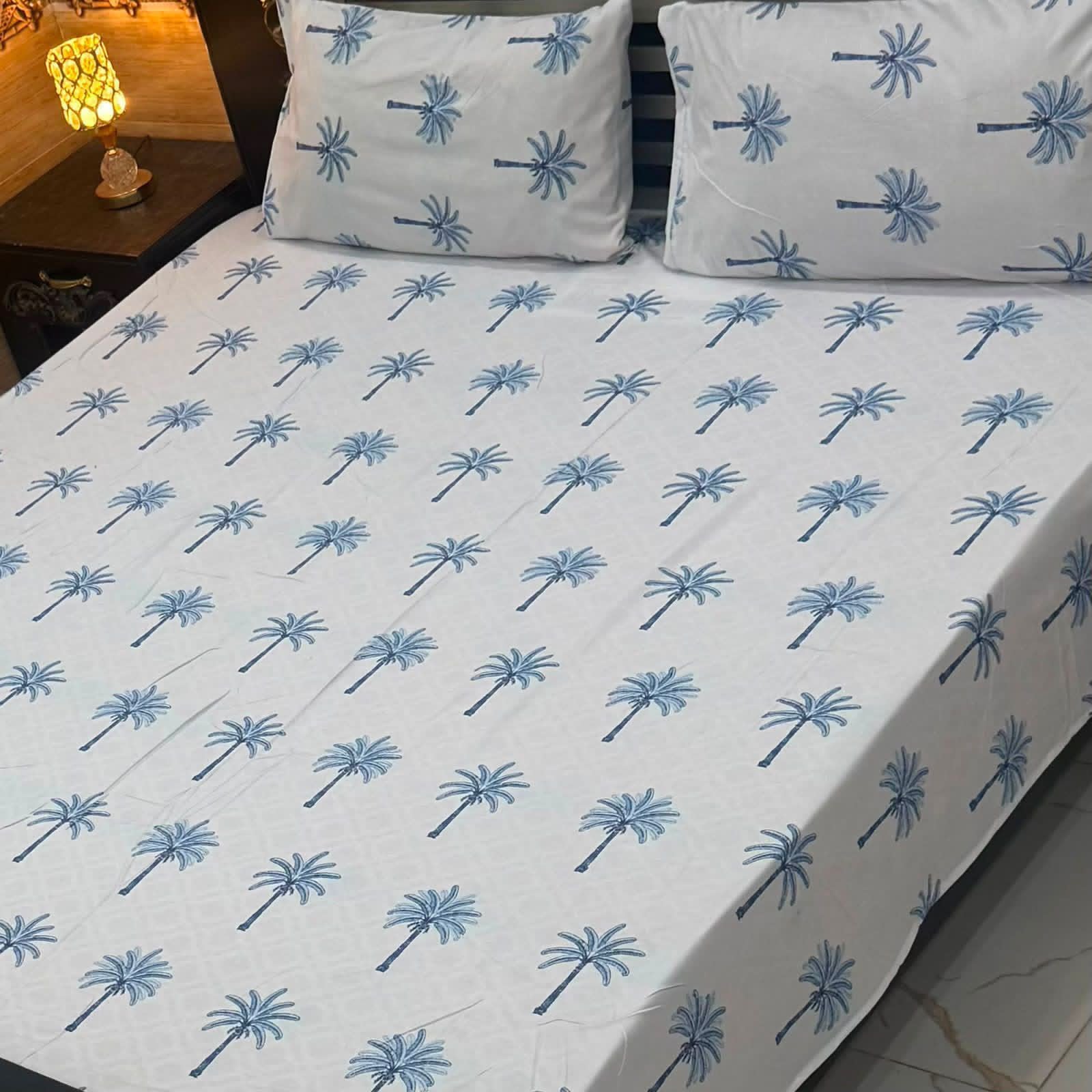 Blue Palm Breeze Cotton Bedsheet Set