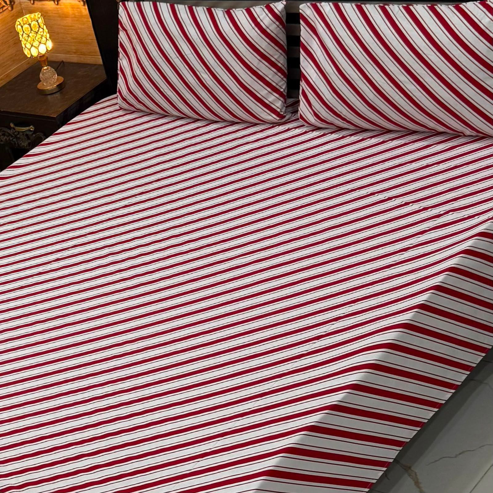Crimson Stripe Cotton Bedsheet Set