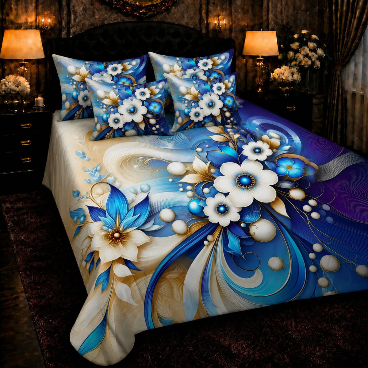 Blue & White Multi Bedior 7D Print Cotton Bedsheet